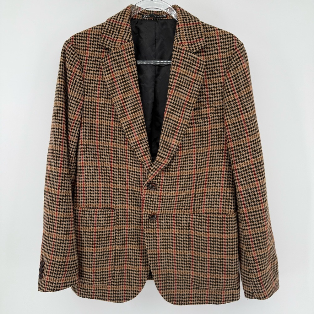 Zara Houndstooth Brown Blazer Italian Fabric Open Pockets Small Academia Preppy